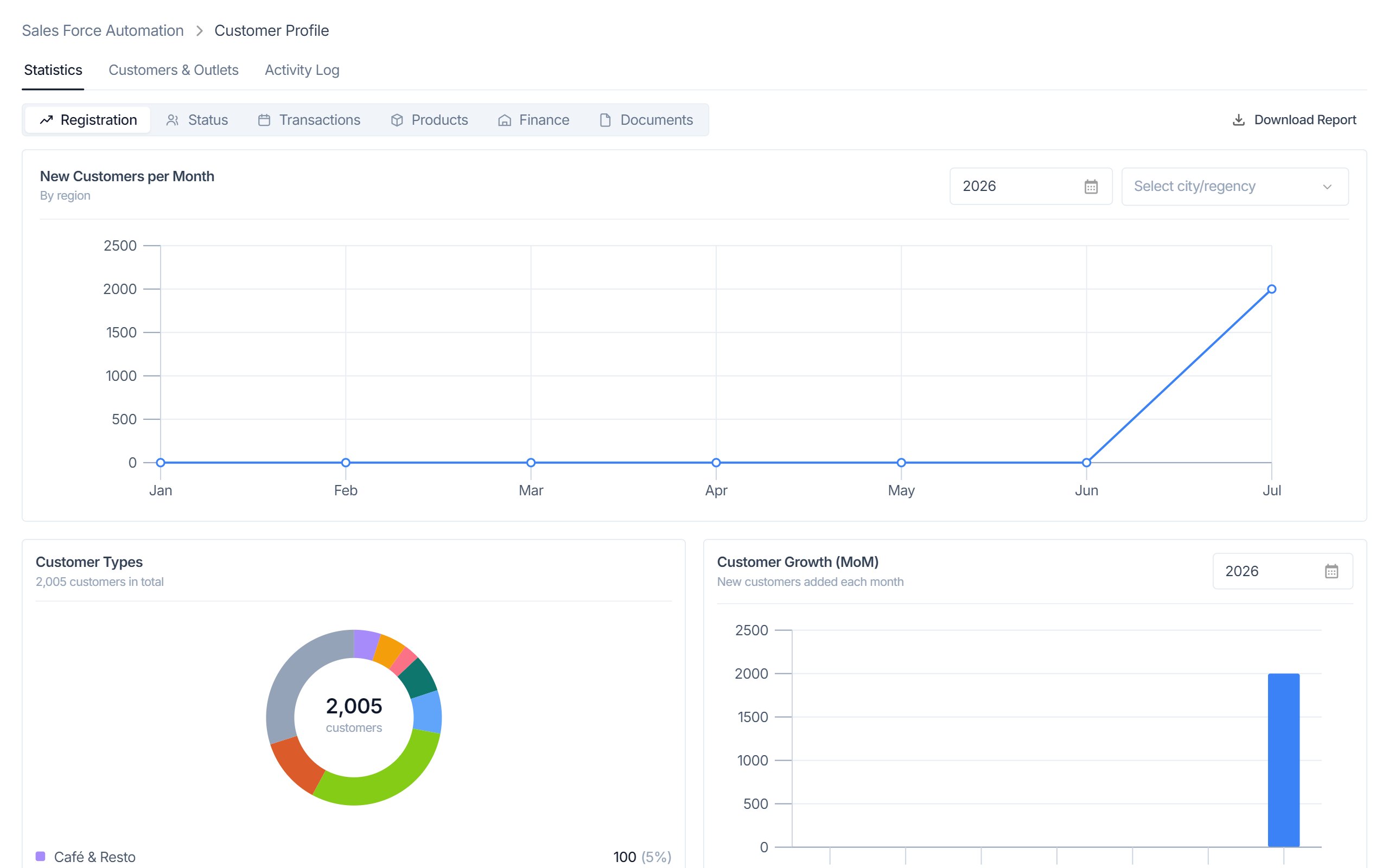 Registration statistics: new customers per month by region, customer type breakdown and month-over-month growth