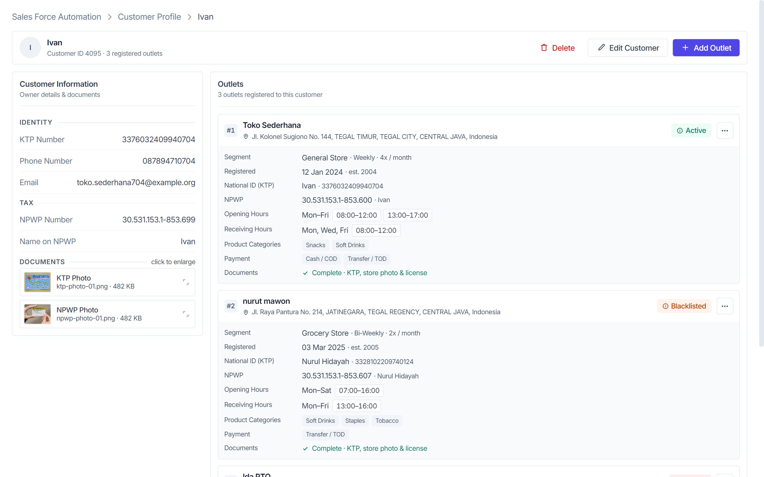 Customer detail page: owner identity, tax details and ID documents on the left, outlet cards with segment, hours, categories, payment and document status on the right