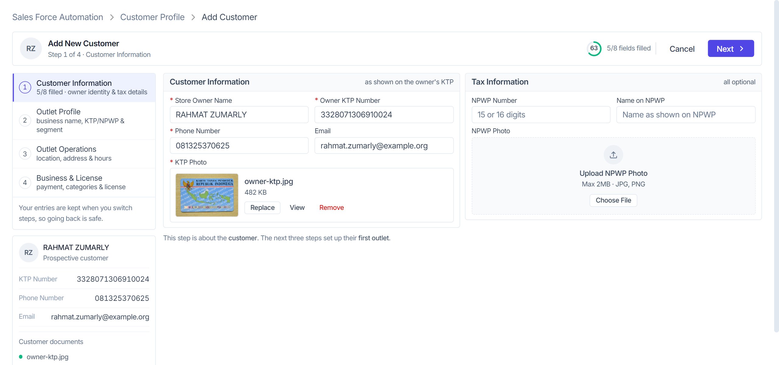 Add customer flow on step one: step rail with fill progress, a live summary card, customer information and tax information sections