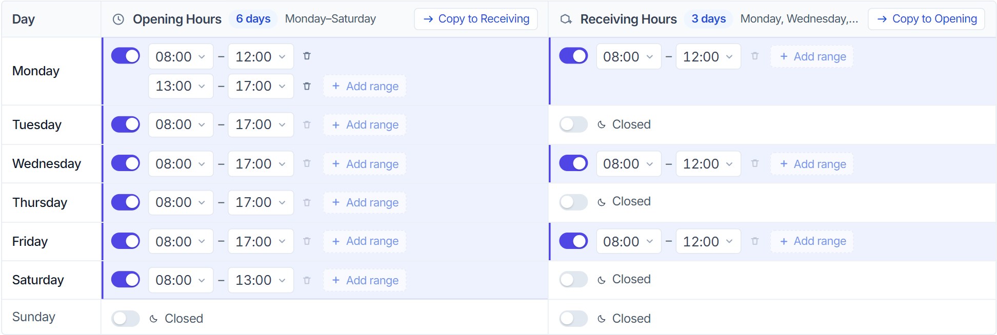 Opening and receiving hours table with seven day rows, toggles, time range pickers, add range buttons and copy controls