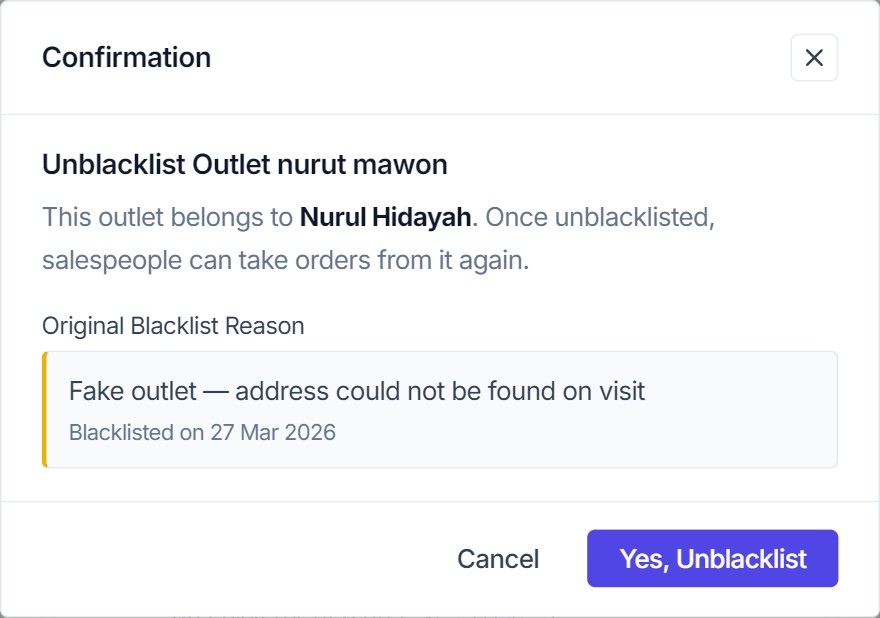 Unblacklist confirmation dialog showing the outlet owner, what happens next, and the original blacklist reason with its date
