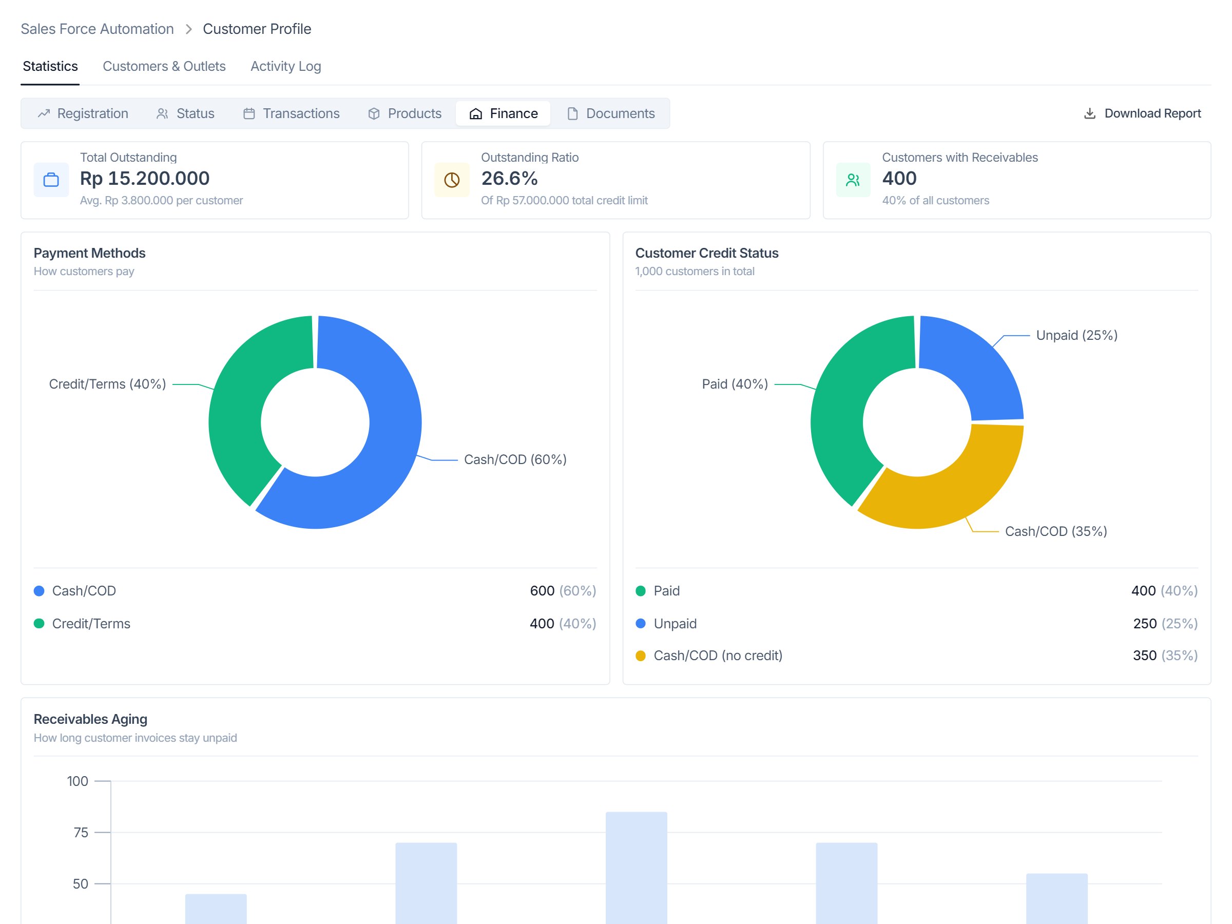 Customer Profile — finance statistics in the customer and outlet management module