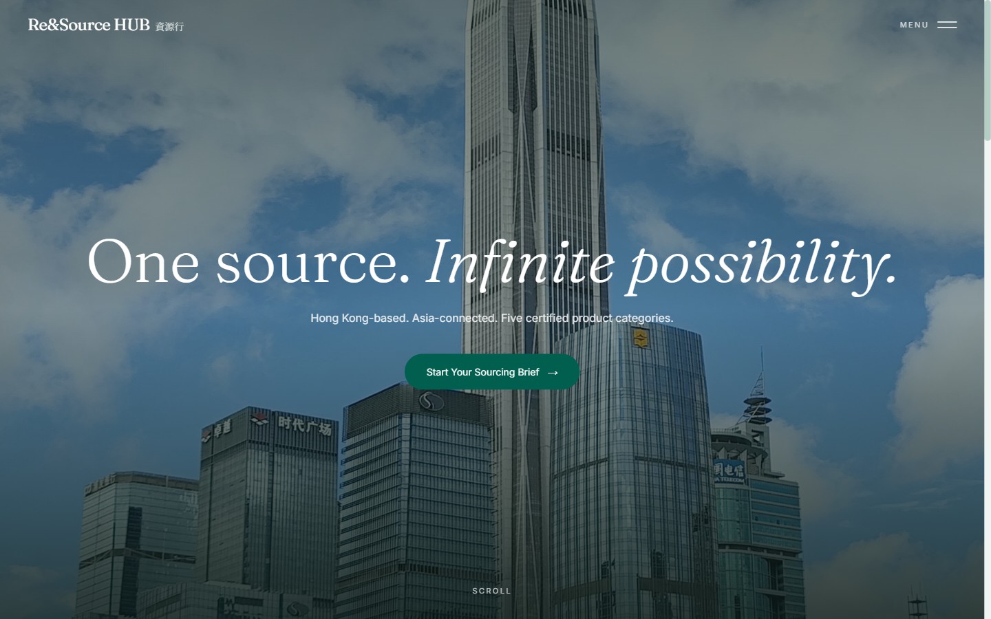 The homepage hero after the palette pivot — white type over a cityscape with a pine-green call to action