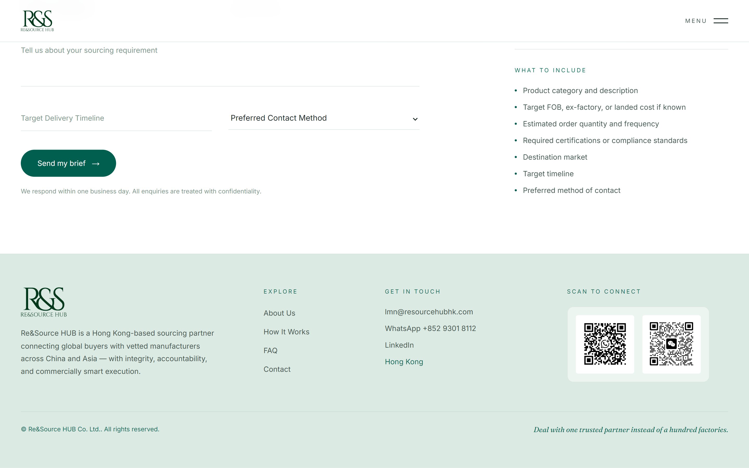 The live footer with a Scan to Connect column holding WhatsApp and WeChat QR codes